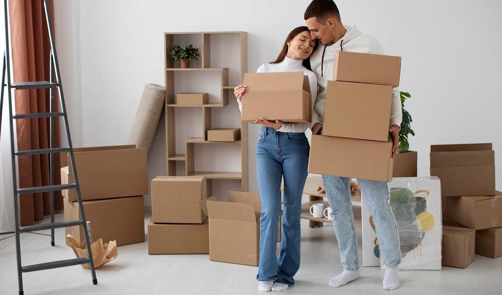 A couple carrying moving boxes in their new home, the stage most Americans reach after arranging their Portuguese NIF from the United States