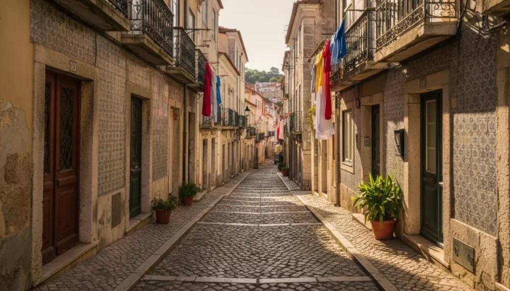 A quiet cobbled street with laundry hanging between tiled houses in Alfama, Lisbon, Portugal, the city travellers explore after landing